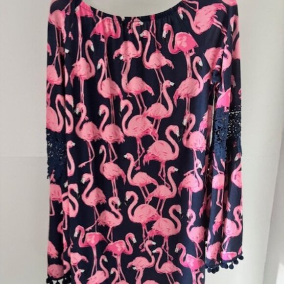 Simply Southern Dress S Navy Pink Flamingo Pom Pom Embroidered Bold Boho Chic - Picture 1 of 9